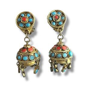 Vintage Himalayan‎ Chandelier Earrings Turquoise Coral Gold Tone Clip On Nepal